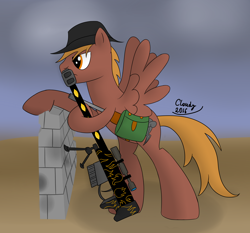 Size: 3700x3450 | Tagged: safe, artist:cloudy95, imported from derpibooru, oc, oc only, oc:calamity, pegasus, pony, fallout equestria, anti-machine rifle, anti-materiel rifle, battle saddle, dashite, fanfic, fanfic art, gun, hat, hooves, male, optical sight, rifle, saddle bag, signature, solo, spitfire's thunder, spread wings, stallion, wall, weapon, wings