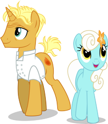 Size: 5097x5872 | Tagged: safe, artist:illumnious, imported from derpibooru, gourmand ramsay, serena, earth pony, pony, unicorn, spice up your life, absurd resolution, background pony, clothes, duo, female, flower, flower in hair, gordon ramsay, male, mare, ponified, simple background, smiling, stallion, transparent background, vector