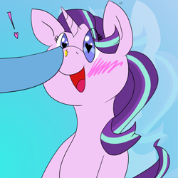 Size: 1280x1280 | Tagged: safe, artist:lookabombaboo, imported from derpibooru, starlight glimmer, trixie, pony, unicorn, 30 minute art challenge, blushing, boop, cute, exclamation point, female, glimmerbetes, heart, heart eyes, implied trixie, mare, offscreen character, open mouth, smiling, solo, wingding eyes