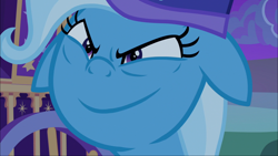 Size: 1280x720 | Tagged: safe, edit, edited screencap, imported from derpibooru, screencap, trixie, pony, unicorn, to where and back again, description is relevant, faic, female, floppy ears, inverted mouth, mare, solo, trixie is amused