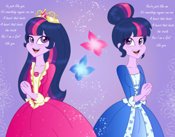 Size: 2000x1564 | Tagged: safe, artist:purfectprincessgirl, imported from derpibooru, sci-twi, twilight sparkle, equestria girls, alternate hairstyle, barbie, big crown thingy, clothes, crown, cute, dress, element of magic, hair bun, open mouth, regalia, sparkles, the princess and the pauper, twolight