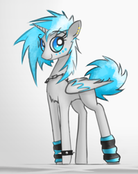 Size: 1253x1576 | Tagged: safe, artist:fenixdust, imported from derpibooru, oc, oc only, oc:moonbeam, alicorn, pony, alicorn oc, bracelet, chains, chest fluff, ear piercing, female, folded wings, gradient background, happy, jewelry, leg warmers, mare, necklace, piercing, solo, standing, wings