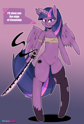 Size: 3000x4400 | Tagged: safe, artist:enryuuchan, imported from derpibooru, twilight sparkle, alicorn, pony, semi-anthro, absurd resolution, angry, bandeau, belly button, bipedal, clothes, dialogue, female, katana, looking at you, magic, solo, stockings, sword, thigh highs, twilight sparkle (alicorn), weapon