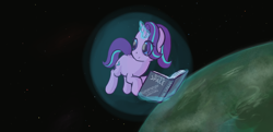 Size: 2484x1200 | Tagged: safe, artist:re7natus, imported from derpibooru, starlight glimmer, pony, unicorn, book, female, magic, magic bubble, solo, space, stars