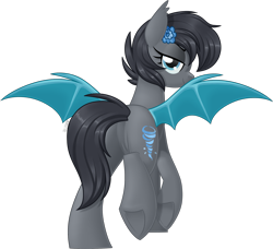 Size: 1996x1817 | Tagged: safe, artist:kellythedrawinguni, imported from derpibooru, oc, oc only, oc:seachell, bat pony, pony, bat wings, butt, ear fluff, female, flower, flower in hair, lidded eyes, looking back, mare, plot, simple background, solo, spread wings, transparent background, wings