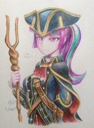 Size: 1690x2286 | Tagged: safe, artist:kvorias23, imported from derpibooru, starlight glimmer, equestria girls, assassin's creed, crossover, female, hat, haytham kenway, s5 starlight, signature, simple background, solo, staff, staff of sameness, traditional art, tricorne, watercolor painting