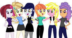 Size: 5980x3180 | Tagged: safe, artist:ironm17, imported from derpibooru, cayenne, citrus blush, moonlight raven, pretzel twist, sunshine smiles, sweet biscuit, equestria girls, absurd resolution, clothes, dress, equestria girls-ified, fingerless gloves, gloves, goth, gothic, group, hand on hip, happy, miniskirt, pantyhose, ripped pantyhose, shirt, short-sleeved jacket, short-sleeved sweater, skirt, sleeveless dress, sweater, t-shirt, thighs, tights