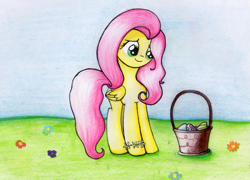 Size: 1197x863 | Tagged: safe, artist:songbirdserenade, imported from derpibooru, fluttershy, basket, easter, easter basket, easter bunny, easter egg, easter egg hunt, female, looking at something, looking down, smiling, solo, standing, traditional art