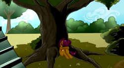 Size: 1280x700 | Tagged: dead source, safe, artist:starykrow, imported from derpibooru, scootaloo, pony, semi-anthro, bush, curled up, female, grass, orphan, outdoors, sad, scootalone, scootasad, sitting, solo, tree