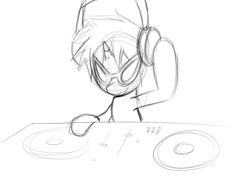 Size: 800x600 | Tagged: safe, artist:starykrow, imported from derpibooru, dj pon-3, vinyl scratch, pony, unicorn, female, headphones, hoof hold, monochrome, sketch, solo, sunglasses, turntable