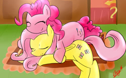 Size: 1280x800 | Tagged: safe, artist:starykrow, imported from derpibooru, fluttershy, pinkie pie, earth pony, pegasus, pony, cute, diapinkes, eyes closed, fluttershy's cottage, lying down, shyabetes, sleeping, smiling, snuggling