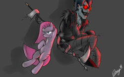 Size: 1280x800 | Tagged: safe, artist:starykrow, imported from derpibooru, pinkie pie, earth pony, pony, armpits, clothes, crossover, death note, ear piercing, earring, glowing eyes, jewelry, pants, piercing, pinkamena diane pie, red eyes, ryuk, scythe, shinigami, shirt