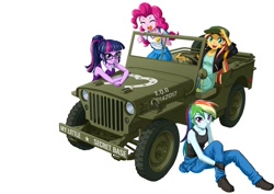 Size: 800x566 | Tagged: safe, artist:uotapo, imported from derpibooru, pinkie pie, rainbow dash, sci-twi, sunset shimmer, twilight sparkle, equestria girls, car, eyes closed, glasses, jeep, looking at you, open mouth, simple background, smiling, white background, willys jeep, wip