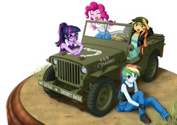 Size: 800x566 | Tagged: safe, artist:uotapo, imported from derpibooru, pinkie pie, rainbow dash, sci-twi, sunset shimmer, twilight sparkle, equestria girls, car, eyes closed, glasses, jeep, looking at you, open mouth, smiling, willys jeep, wip