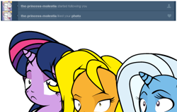 Size: 465x296 | Tagged: safe, artist:dekomaru, imported from derpibooru, trixie, twilight sparkle, oc, oc:honey cluster, pegasus, pony, princess molestia, tumblr:ask twixie, ask, female, mare, tumblr, worried