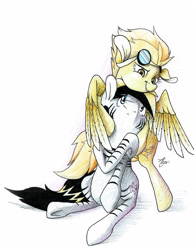 Size: 2370x3058 | Tagged: safe, artist:atomic8497, imported from derpibooru, spitfire, oc, oc:sly, pegasus, pony, zebra, bipedal, female, goggles, high res, hug, male, mare, stallion, traditional art, winghug