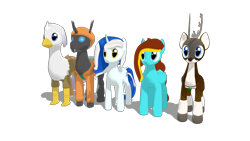 Size: 1280x720 | Tagged: safe, artist:waltervd, imported from derpibooru, oc, oc only, oc:ilovekimpossiblealot, oc:silver quill, oc:sketchy bughorse, oc:tyandaga, changeling, classical hippogriff, deer, hippogriff, pegasus, pony, unicorn, 3d, mmd, non-pony oc, simple background, transparent background, wip