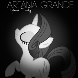 Size: 800x800 | Tagged: safe, artist:penguinsn1fan, artist:tomfraggle, imported from derpibooru, rarity, ariana grande, cover, eyes closed, female, monochrome, parody, raised hoof, solo