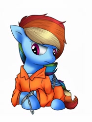 Size: 768x1024 | Tagged: safe, artist:globug100art, imported from derpibooru, rainbow dash, bound wings, chains, clothes, cuffed, cuffs, female, frustrated, handcuffed, prison outfit, prisoner, prisoner rd, shackles, solo