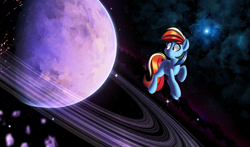 Size: 3195x1880 | Tagged: safe, artist:january3rd, imported from derpibooru, rainbow dash, pegasus, pony, female, looking back, mare, planet, planetary ring, solo, space, stars