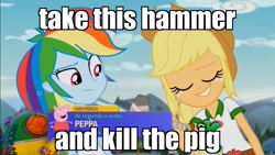 Size: 1366x768 | Tagged: safe, edit, edited screencap, imported from derpibooru, screencap, applejack, rainbow dash, equestria girls, legend of everfree, discovery kids, hammer, image macro, meme, peppa pig, peppa pig (character), portuguese