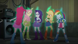 Size: 526x297 | Tagged: safe, imported from derpibooru, screencap, applejack, fluttershy, pinkie pie, rainbow dash, rarity, equestria girls, rainbow rocks, angry, argument, boots, bracelet, clothes, compression shorts, cowboy boots, cowboy hat, denim skirt, eyes closed, female, hand on hip, hat, high heel boots, humane five, jewelry, mane five, rear view, skirt, socks, stetson, turning against each other, wristband
