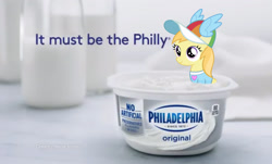 Size: 1883x1138 | Tagged: safe, artist:lumorn, edit, imported from derpibooru, noi, the mysterious mare do well, advertisement, clothes, cream cheese, cute, fangirl, female, filly, funny, hat, heart, irl, meme, noiabetes, philadelphia, philly, photo, pun, rainbow dash fanclub, real, shirt, sitting, smiling, solo, t-shirt, tiny ponies, visual pun, wings