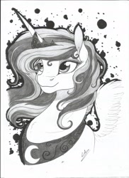 Size: 2550x3506 | Tagged: safe, artist:lupiarts, imported from derpibooru, princess luna, bust, female, grayscale, monochrome, portrait, simple background, solo, traditional art