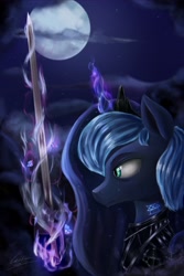 Size: 3960x5940 | Tagged: safe, artist:cattle32, imported from derpibooru, princess luna, alicorn, butterfly, pony, absurd resolution, bust, crying, female, magic, moon, night, solo, stars, sword, telekinesis, warrior luna, weapon