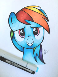 Size: 1024x1365 | Tagged: safe, artist:kimmyartmlp, imported from derpibooru, rainbow dash, pegasus, pony, bust, female, looking at you, mare, marker, marker drawing, portrait, simple background, smiling, solo, traditional art, white background