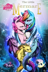 Size: 4389x6584 | Tagged: safe, artist:xxmarkingxx, imported from derpibooru, adagio dazzle, aria blaze, fluttershy, pinkie pie, rainbow dash, sonata dusk, twilight sparkle, twilight sparkle (alicorn), alicorn, crab, fish, merpony, seapony (g4), siren, absurd resolution, ariel, clothes, crabified, fairy tale, female, fishified, flounder, flounder (the little mermaid), floundershy, flutterfish, hug, jewelry, lesbian, necklace, partiel, pinkie tales, pinkiedash, poster, prince eric, sebastian, shipping, species swap, the dazzlings, the little mermaid, the little mermare, underwater, winghug