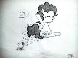 Size: 4160x3120 | Tagged: dead source, safe, artist:kimjoman, artist:php142, imported from derpibooru, pinkie pie, earth pony, pony, season 7, absurd resolution, arms in the air, confetti, countdown, countdown to season 7, cute, female, flying, mare, monochrome, party cannon, pony cannonball, smiling, solo, traditional art
