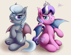 Size: 1600x1247 | Tagged: safe, artist:ac-whiteraven, imported from derpibooru, diamond tiara, silver spoon, bat pony, pony, bat ponified, duo, fangs, female, filly, glasses, open mouth, race swap, simple background, sitting, smiling