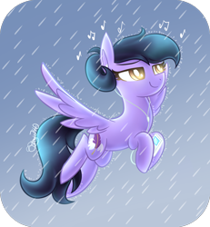 Size: 1440x1560 | Tagged: safe, artist:siggie740, imported from derpibooru, oc, oc only, oc:quilly, pegasus, pony, commission, earbuds, female, flying, lidded eyes, listening, mare, mp3 player, music notes, rain, smiling, solo