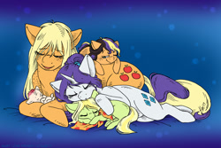 Size: 1300x866 | Tagged: safe, artist:kaemantis, imported from derpibooru, applejack, rarity, oc, oc:evening cameo, oc:honeyjack, oc:western beauty, earth pony, pony, unicorn, baby, baby pony, cute, eyes closed, family, female, filly, foal, lesbian, magical lesbian spawn, mare, mother and daughter, offspring, parent:applejack, parent:rarity, parents:rarijack, rarijack, shipping, sleeping