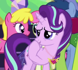 Size: 522x468 | Tagged: safe, imported from derpibooru, screencap, blues, cherry berry, noteworthy, starlight glimmer, thorax, twinkleshine, changedling, changeling, earth pony, pony, unicorn, celestial advice, animated, background pony, boop, cropped, cute, equestrian pink heart of courage, female, gif, jewelry, king thorax, laughing, lidded eyes, loop, male, mare, necklace, pendant, self-boop, smiling, solo focus