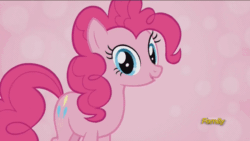 Size: 800x450 | Tagged: safe, imported from derpibooru, screencap, pinkie pie, earth pony, pony, all bottled up, season 7, :o, abstract background, animated, best friends until the end of time, bouncing, cute, diapinkes, female, gif, mare, open mouth, pink background, smiling, solo