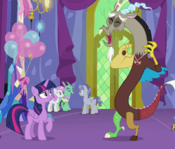 Size: 616x525 | Tagged: safe, imported from derpibooru, screencap, discord, star bright, twilight sparkle, twinkleshine, alicorn, changedling, changeling, pony, celestial advice, animated, gif, laughing, loop, twilight sparkle (alicorn), twilight's castle