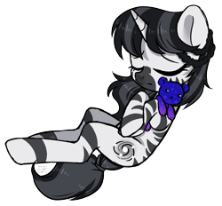 Size: 2136x1981 | Tagged: safe, artist:hawthornss, imported from derpibooru, oc, oc only, oc:star cluster, unicorn, zebra, zebracorn, eyes closed, female, plushie, sad, simple background, sleeping, solo, transparent background