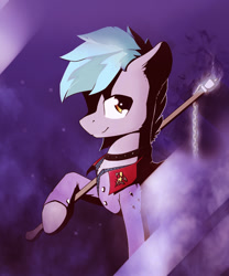 Size: 1000x1200 | Tagged: safe, artist:freeedon, imported from derpibooru, oc, oc only, oc:thunder light, pony, bust, clothes, hoof hold, looking at you, looking sideways, male, portrait, scepter, solo, stallion