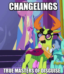 Size: 424x490 | Tagged: safe, edit, edited screencap, imported from derpibooru, screencap, blues, cornicle, daisy, flower wishes, noteworthy, thorax, changedling, changeling, celestial advice, animated, caption, discovery family logo, equestrian pink heart of courage, gif, glasses, groucho marx, groucho mask, image macro, king thorax, male, meme, non-animated gif, paper-thin disguise, solo, the thoraxguise