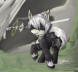 Size: 3308x3056 | Tagged: safe, artist:duop-qoub, imported from derpibooru, android, earth pony, pony, 2b, blindfold, chest fluff, clothes, dress, ear fluff, female, frown, gritted teeth, gynoid, magic, magic circle, mare, nier, nier: automata, raised hoof, socks, solo, sword, weapon