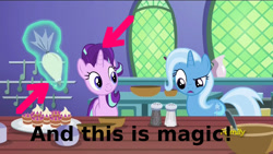 Size: 800x450 | Tagged: safe, edit, edited screencap, imported from derpibooru, screencap, starlight glimmer, trixie, pony, unicorn, all bottled up, animation error, female, food, icing bag, magic, mare, pepper, salt shaker, teacakes