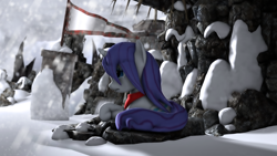 Size: 2560x1440 | Tagged: safe, artist:redaceofspades, imported from derpibooru, rarity, pony, 3d, abandoned, building, clothes, crying, female, flag, mountain, poster, sad, scarf, snow, solo, source filmmaker