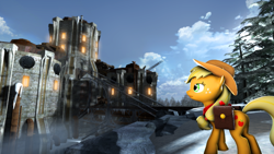 Size: 3840x2160 | Tagged: safe, artist:wintergleam, deleted from derpibooru, imported from derpibooru, applejack, 3d, bridge, castle, ice, poster, saddle bag, snow, solo, source filmmaker