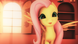 Size: 3840x2160 | Tagged: safe, artist:melodycloud14, imported from derpibooru, fluttershy, pony, 3d, bookshelf, cute, female, looking at you, poster, shyabetes, silly, silly pony, solo, source filmmaker, tongue out, window