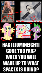 Size: 2748x4736 | Tagged: safe, imported from derpibooru, fluttershy, spike, dragon, absurd resolution, conspiracy, dragon (spacecraft), illuminati, illuminati confirmed, jessica jensen, pun, similarities, spacex, wake up