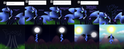 Size: 3758x1502 | Tagged: safe, artist:cosmalumi, artist:its-gloomy, imported from derpibooru, nightmare moon, alicorn, pony, tumblr:ask queen moon, ask, comic, moon, solo, sun, tumblr