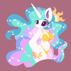 Size: 1858x1858 | Tagged: safe, artist:snow angel, imported from derpibooru, princess celestia, alicorn, anthro, pony, semi-anthro, unguligrade anthro, adorasexy, arm hooves, bikini, blushing, breasts, busty princess celestia, clothes, colored pupils, cute, cutelestia, cutie mark, ethereal mane, ethereal tail, female, flowing mane, flowing tail, frown, hind legs, hoof on hip, legs together, mare, missing accessory, multicolored mane, multicolored tail, praise the sun, purple eyes, royalty, sexy, simple background, solo, sparkles, starry eyes, stupid sexy celestia, sun, swimsuit, wingding eyes, wings