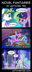Size: 2792x6232 | Tagged: safe, artist:drawponies, artist:ecartoonman, imported from derpibooru, princess celestia, spike, twilight sparkle, alicorn, dragon, pony, celestial advice, absurd resolution, bibliophile, book, cargo ship, comic, dialogue, eyes closed, female, heart, kissing, meme origin, open mouth, shipping, speech bubble, that pony sure does love books, there is no wrong way to fantasize, twibook, twilight sparkle (alicorn), wide eyes